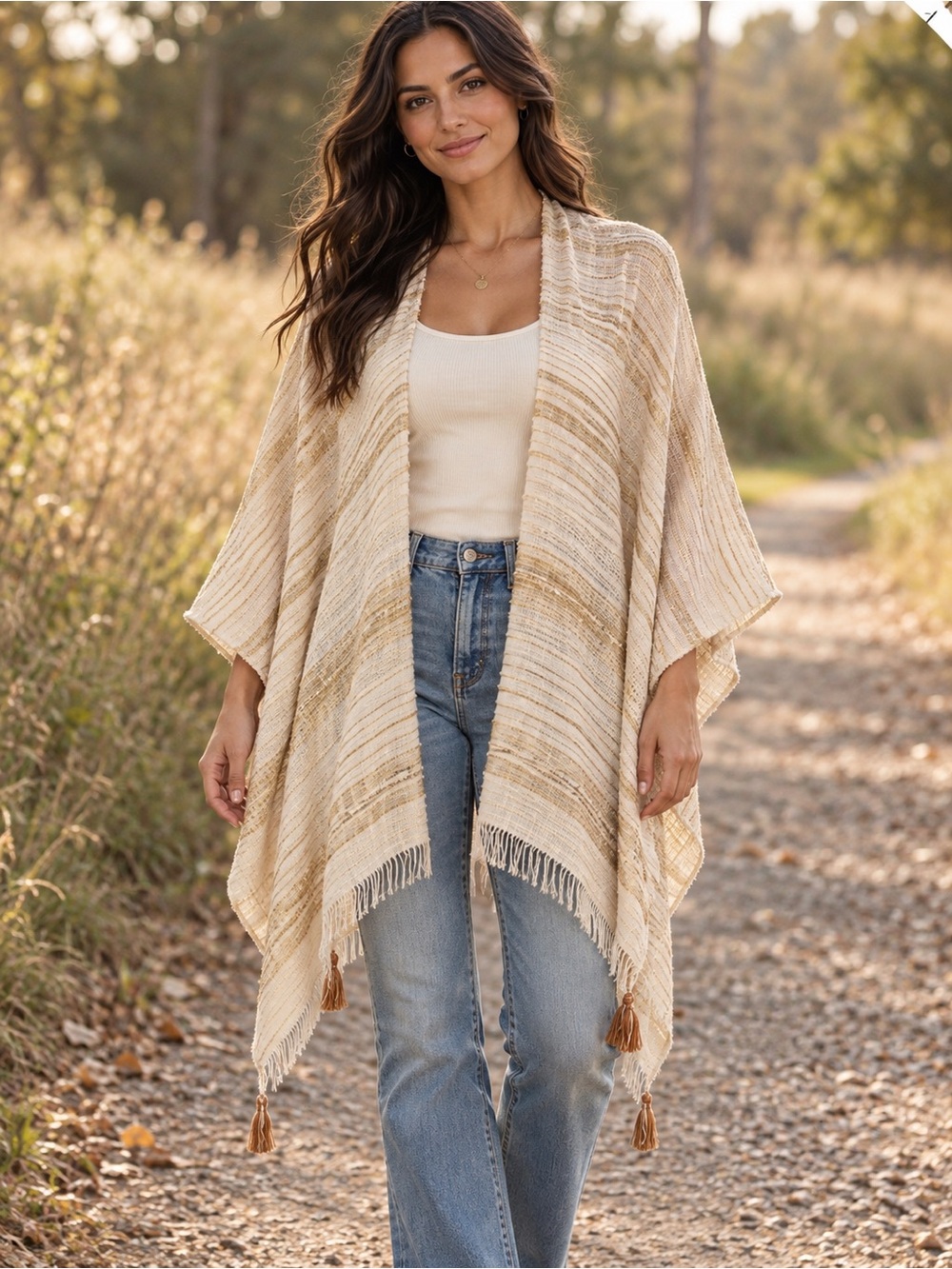 MIXIT Cream Tan Striped Fringe Poncho Wrap Shawl Boho Cover-Up One Size